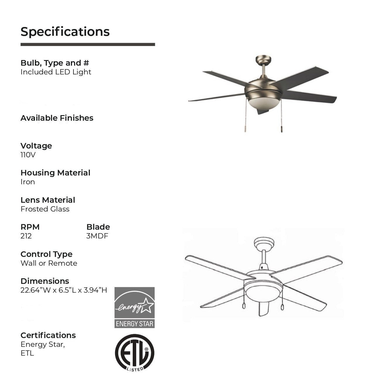 Indoor Ceiling Fan with Light Kit & Remote Control 52” LED