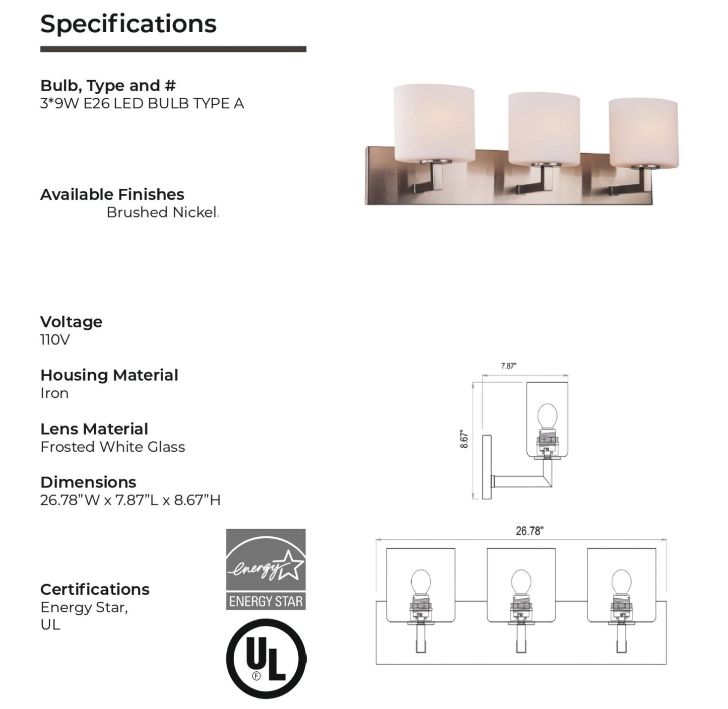 3-Light Iron Glass Brushed Nickel Vanity Light