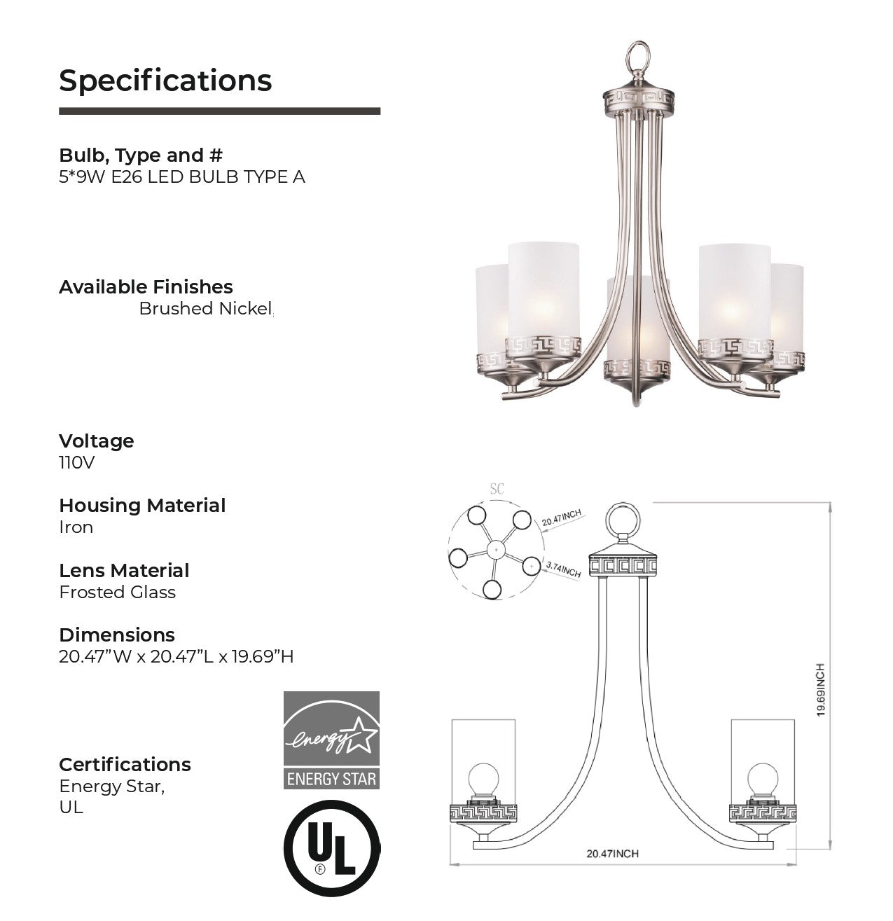 5-Light Iron Glass Brushed Nickel