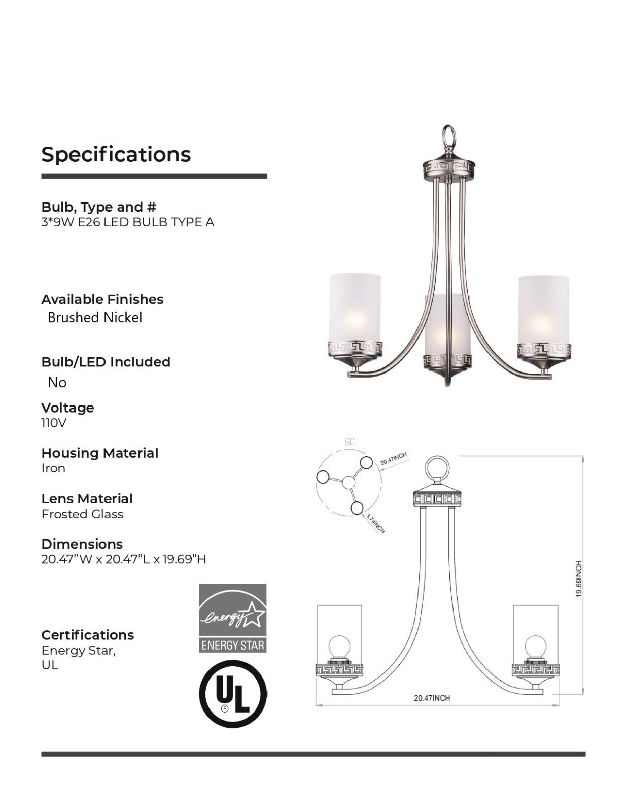 3-Light Iron Glass Brushed Nickel