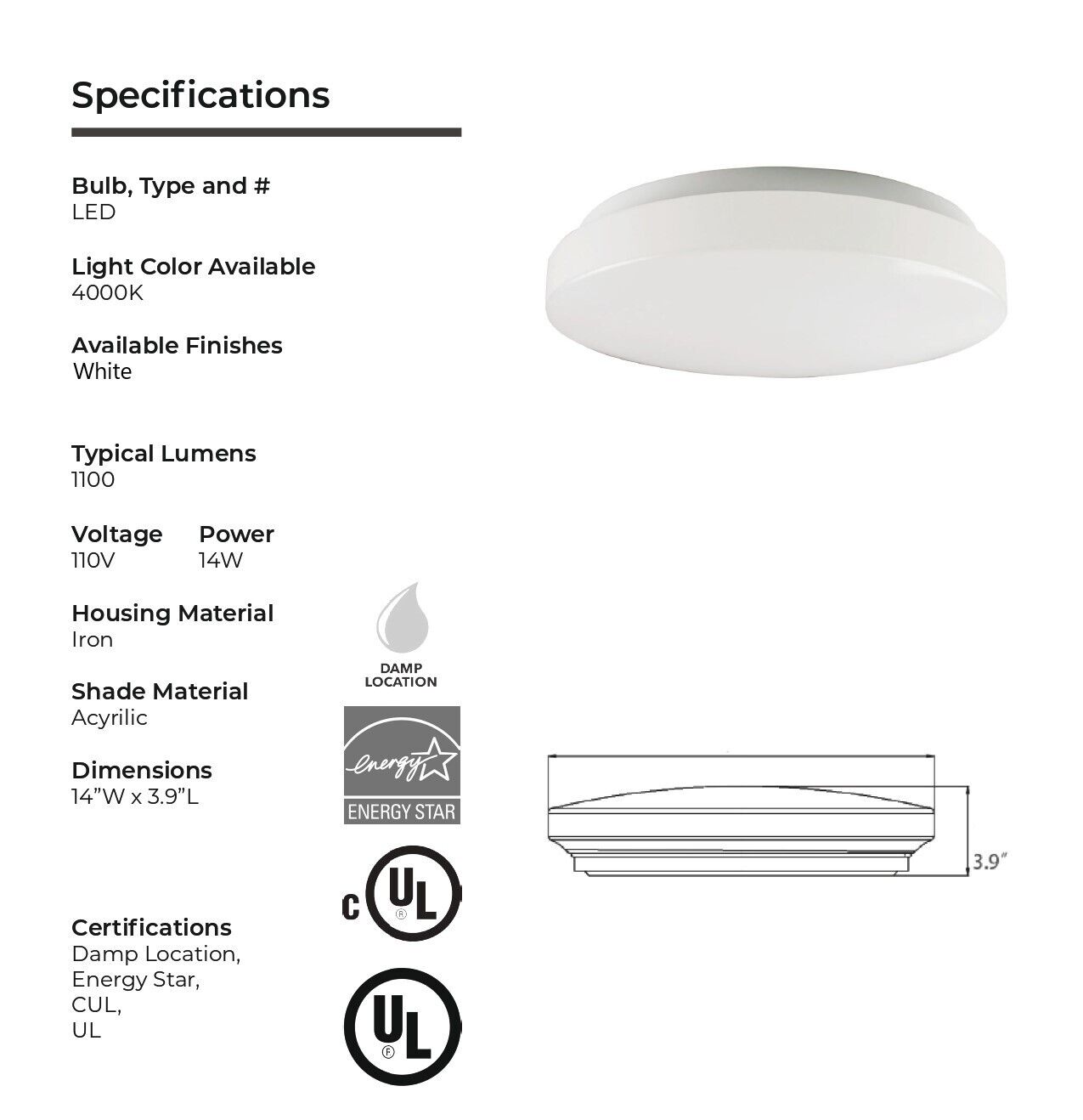 Round Ceiling Light 14” 14w 4000K, Dimmable