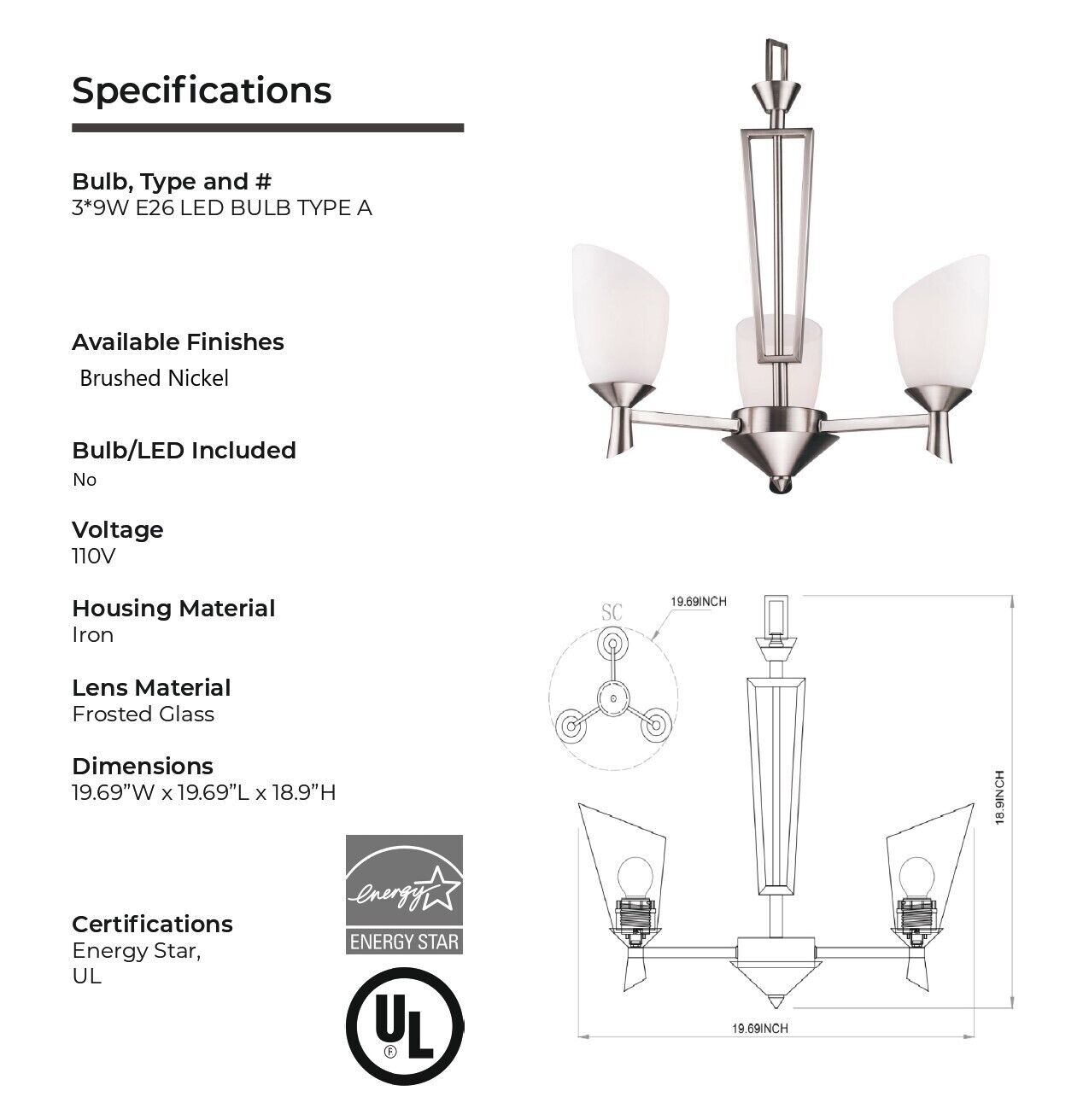 3-Light Iron Glass Brushed Nickel