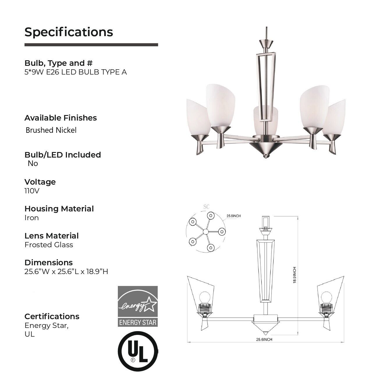 5-Light Iron Glass Brushed Nickel