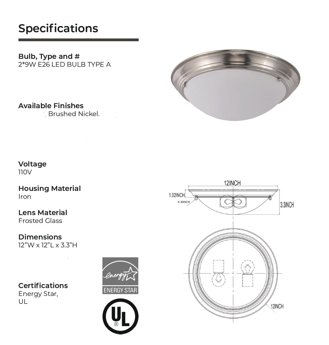 2-Light Brushed Nickel Ceiling Light