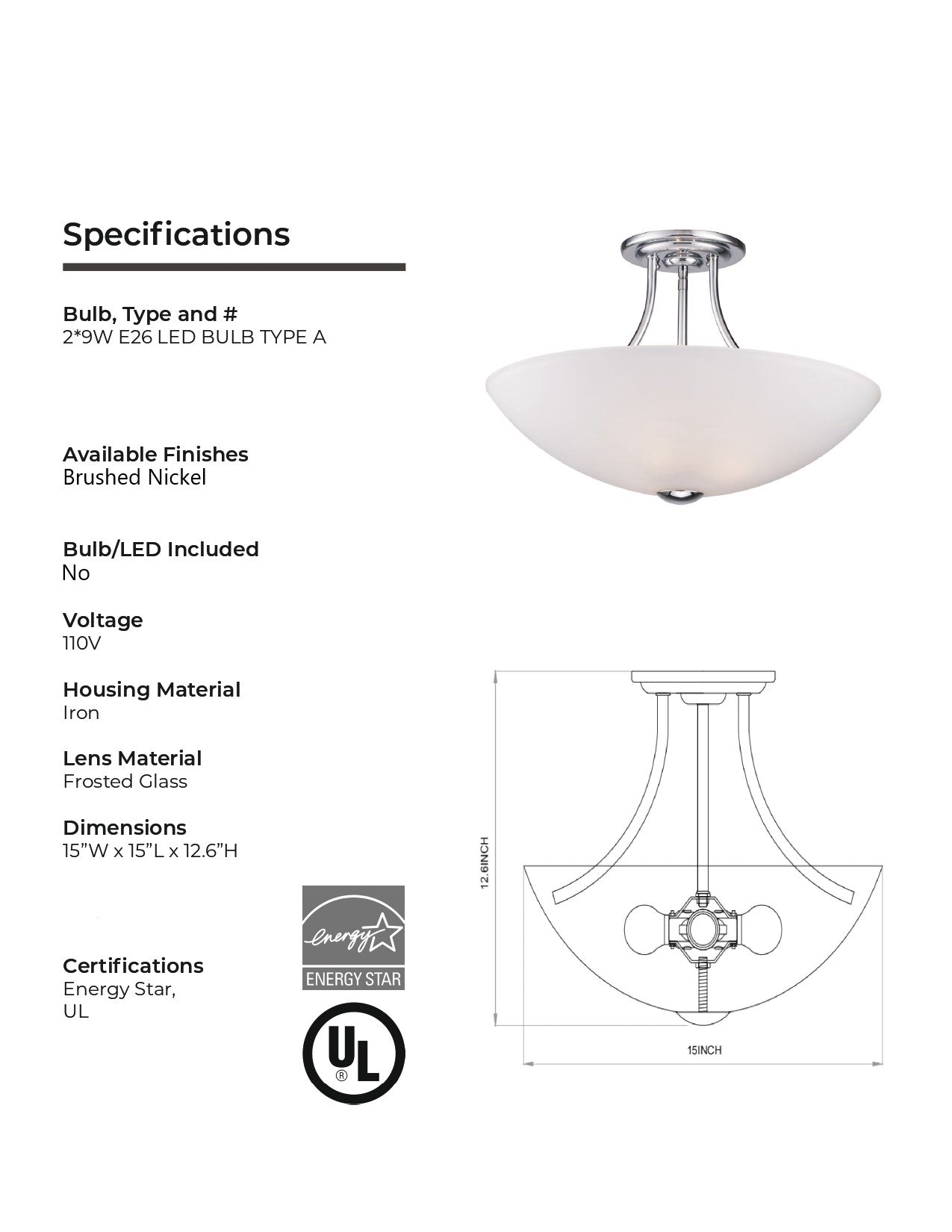 2-Light Polished Chrome Semi-Flush Ceiling Light