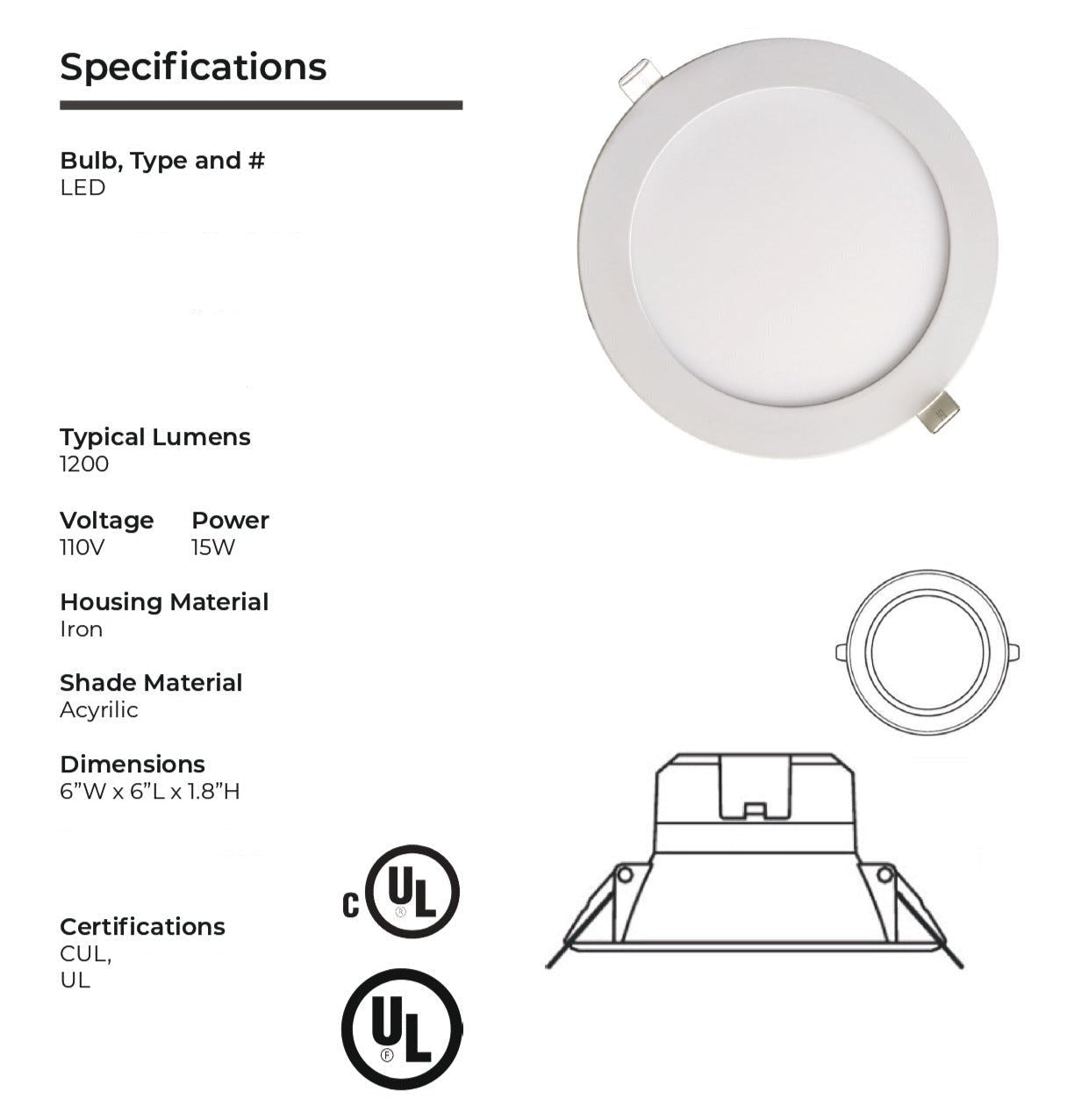 6” LED Reccessed Light 15W Daylight 6500K Slim