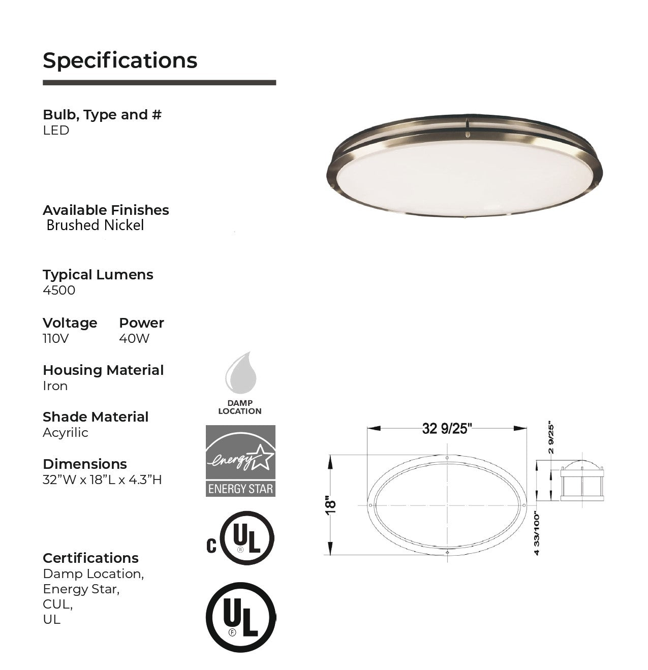 32" LED Oval Ceiling Flush Mount Dimmable Light - Brushed Nickel